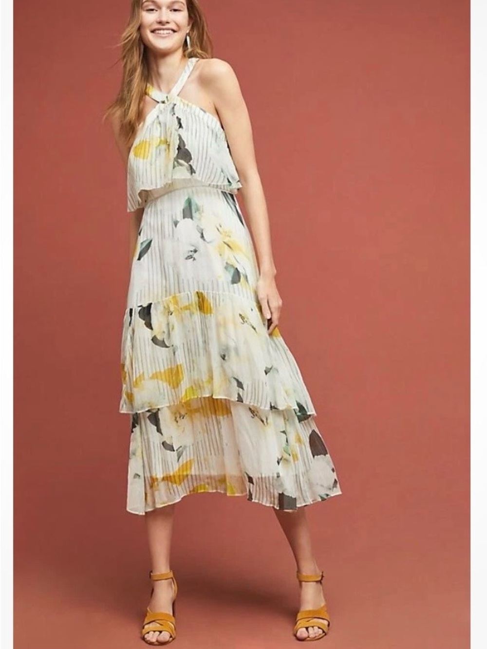 Anthropologie Pleated Tiered Floral Halter Dress in White and Yellow